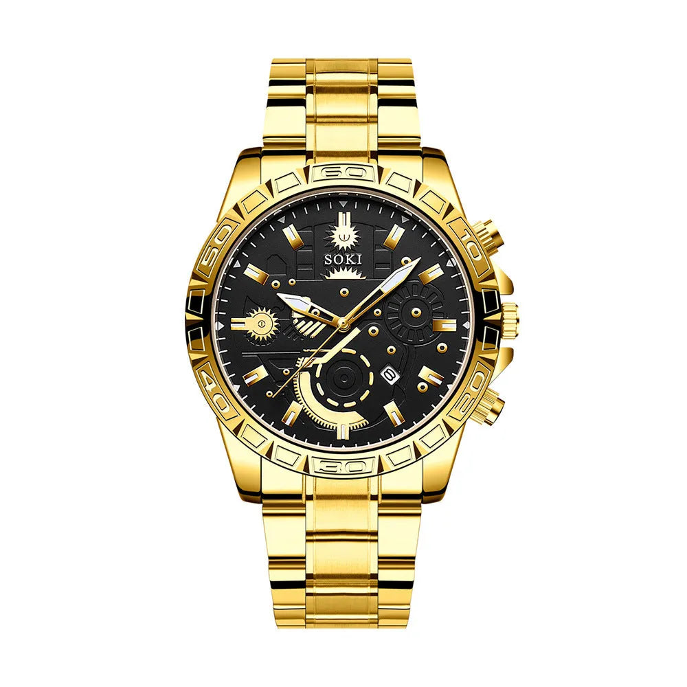 Gold-coloured men's stainless steel business quartz watch with calendar on wrist.