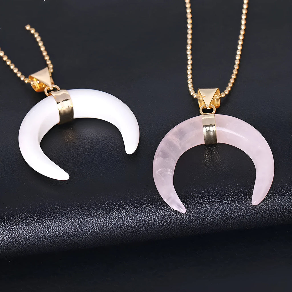 Natural stone moon pendant necklace with copper chain in pink or purple colour options