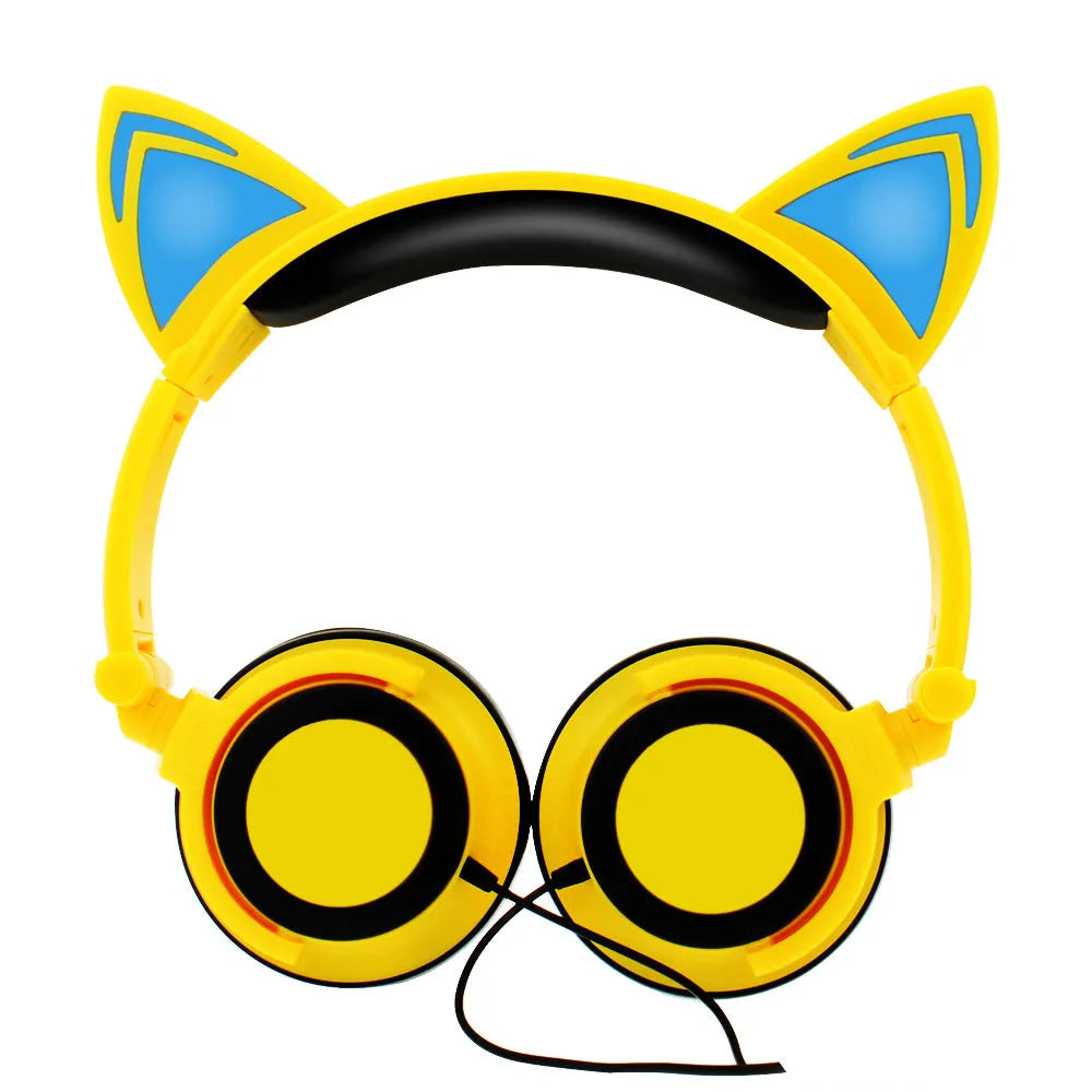 LED illuminated black cat ear headphones with soft PU earcups and a 1.5m cable showing pink and blue lighting