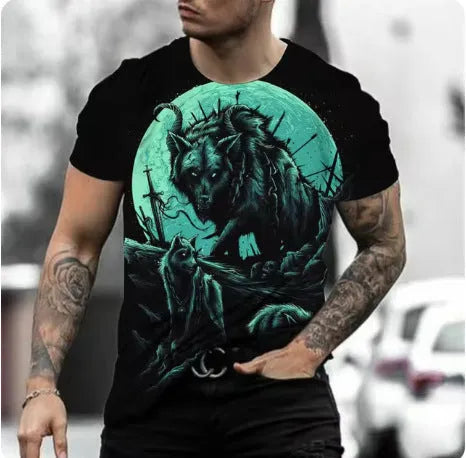 Man wearing a retro 3D animal print short-sleeved T-shirt made from lightweight polyester fabric.
