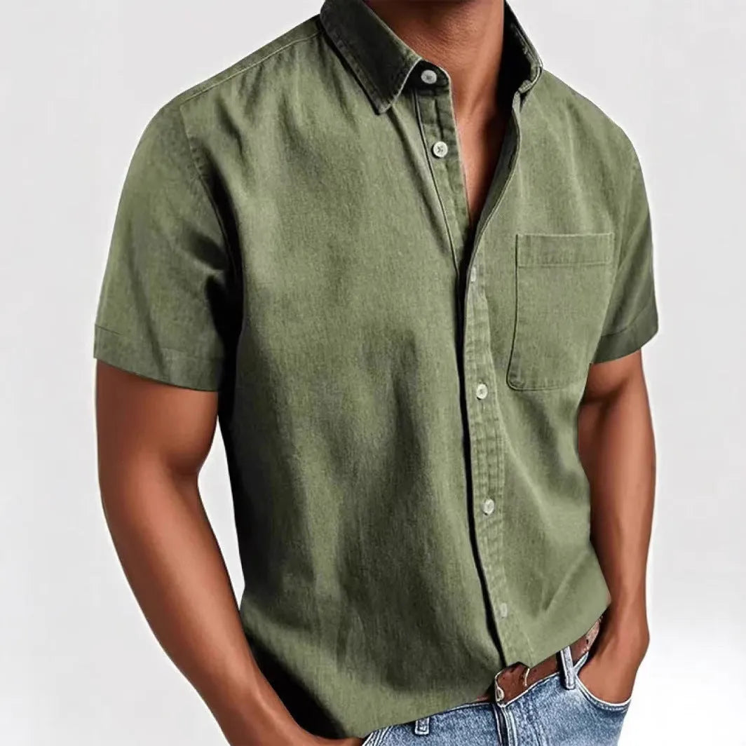 Men's loose fit short sleeve shirt in cotton blend fabric showing single-breasted cardigan styling