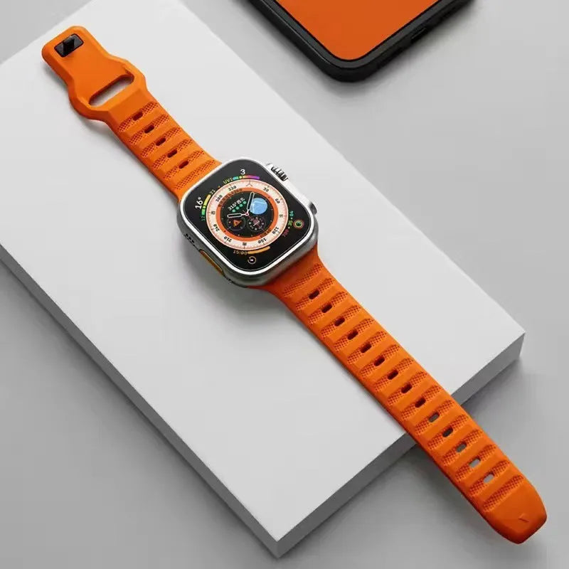 Fluoro rubber Apple Watch strap in multiple colours with T buckle, compatible with Ultra and Series 8 to 1 models.
