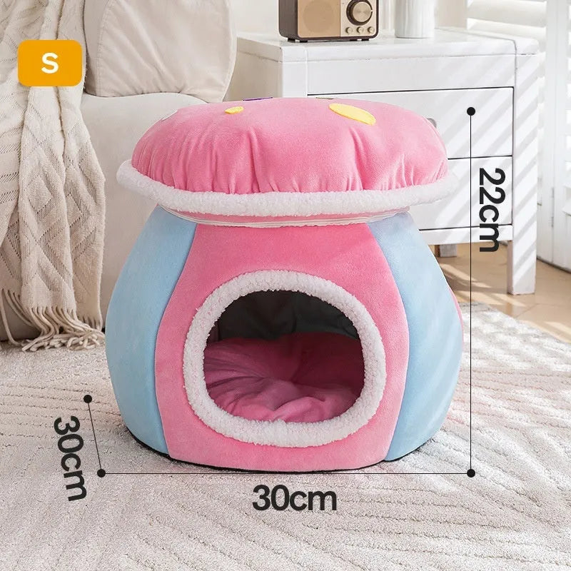 Mushroom-shaped cat nest with detachable thermal blanket in rabbit plush material
