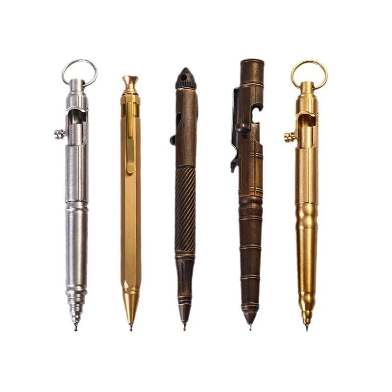 Brass tactical pen with bolt-action mechanism and retro brushed finish