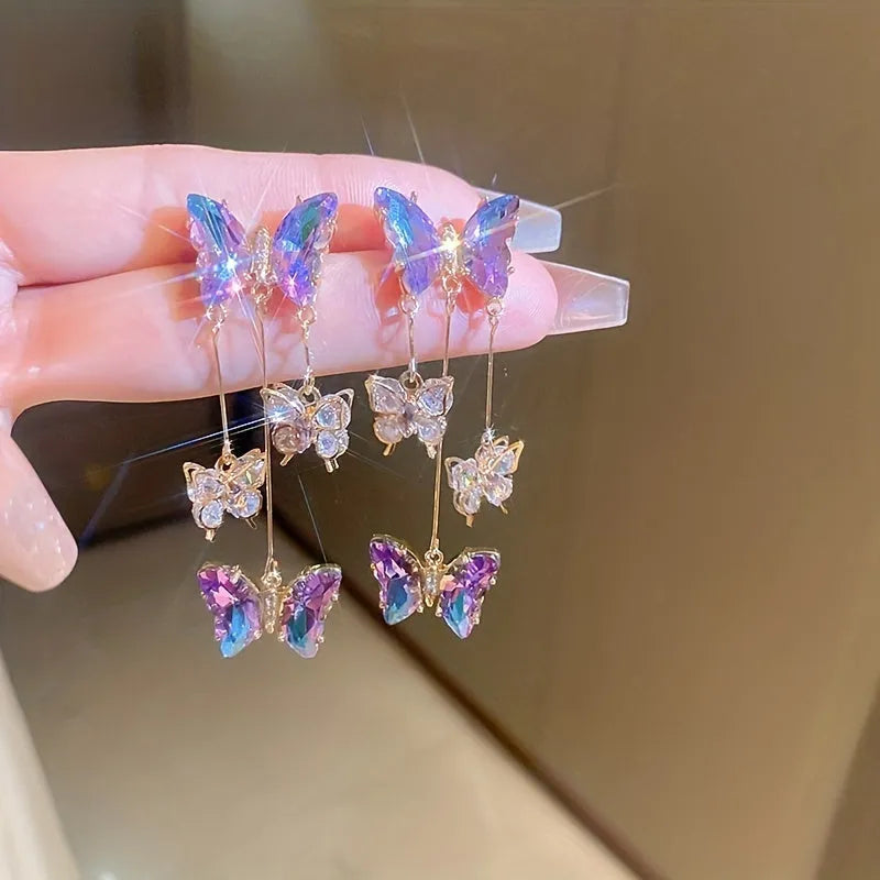 Women's silver needle crystal flowers butterfly tassel earrings with blue purple electroplated alloy design