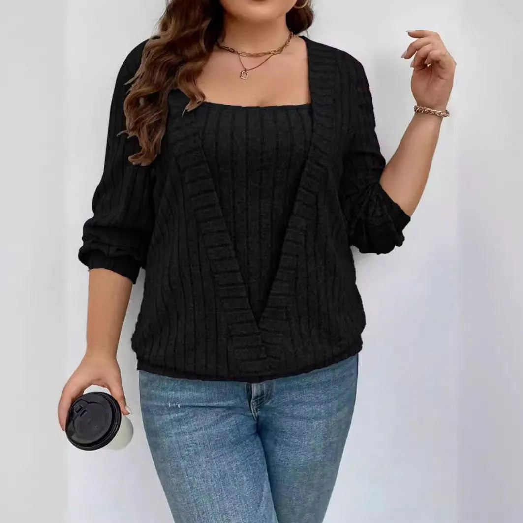 Loose fit V-neck long sleeve false two-piece suit in solid colour rib fabric.
