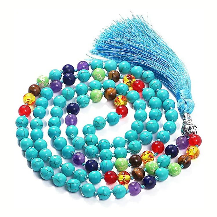 Long multicoloured agate and gemstone tassel necklace with geometric beads.