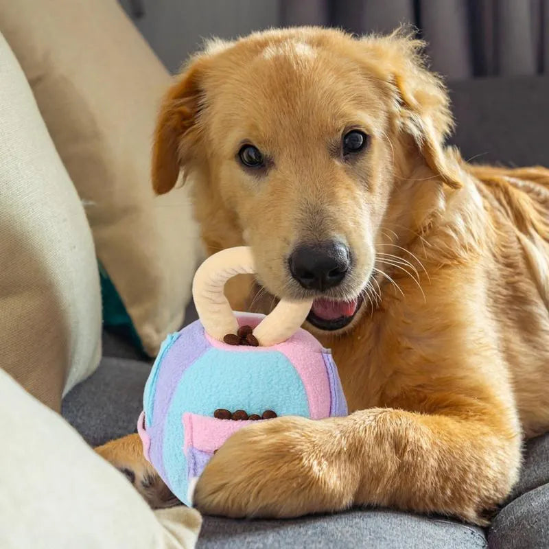 Pink and green plush squeaky ball dog toy with treat pockets and noisemaker