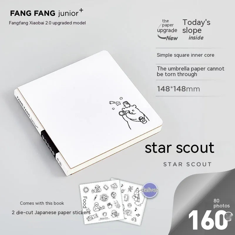 Square checkered diary notebook with 100 pages, 148x148mm dimensions, and personalisation stickers