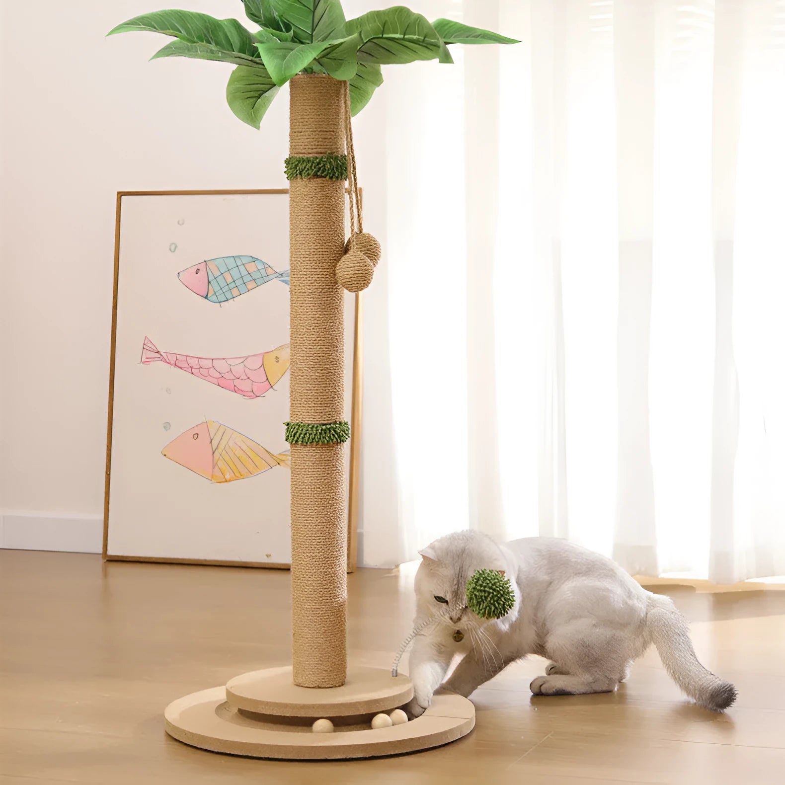 Vertical cat climbing scratch post with hemp rope in canna colour, featuring a chamfered grab column.
