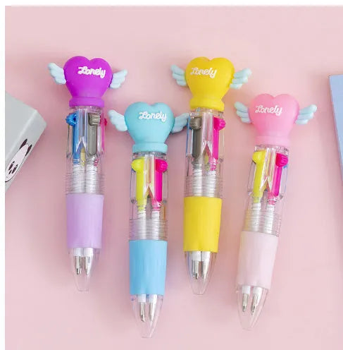 Cute cartoon-themed four-colour press ballpoint pen with 0.7mm tip, showing one random design variant.