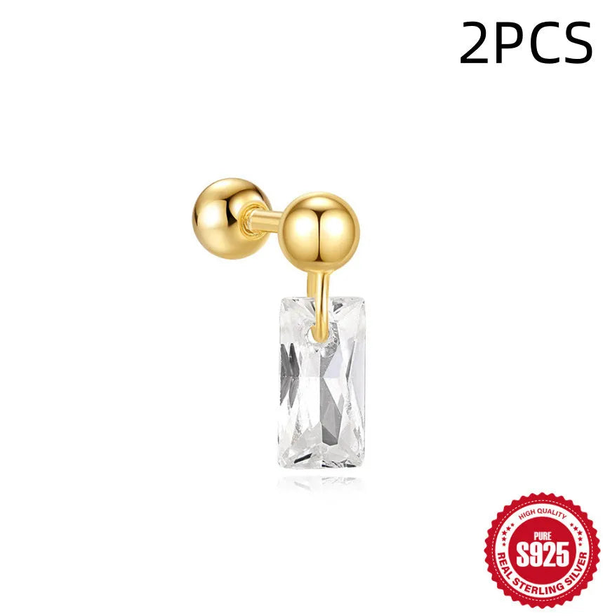 S925 sterling silver red square gravel stud earrings with gold electroplated flower design
