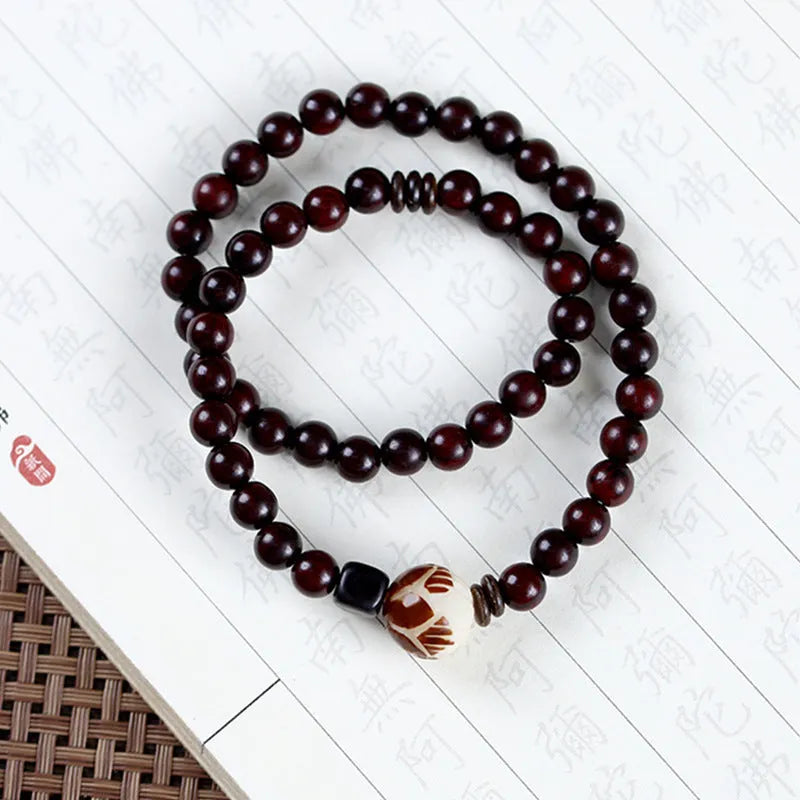 Natural rosewood double-ring bracelet with 10mm flower-shaped beads and knitted construction
