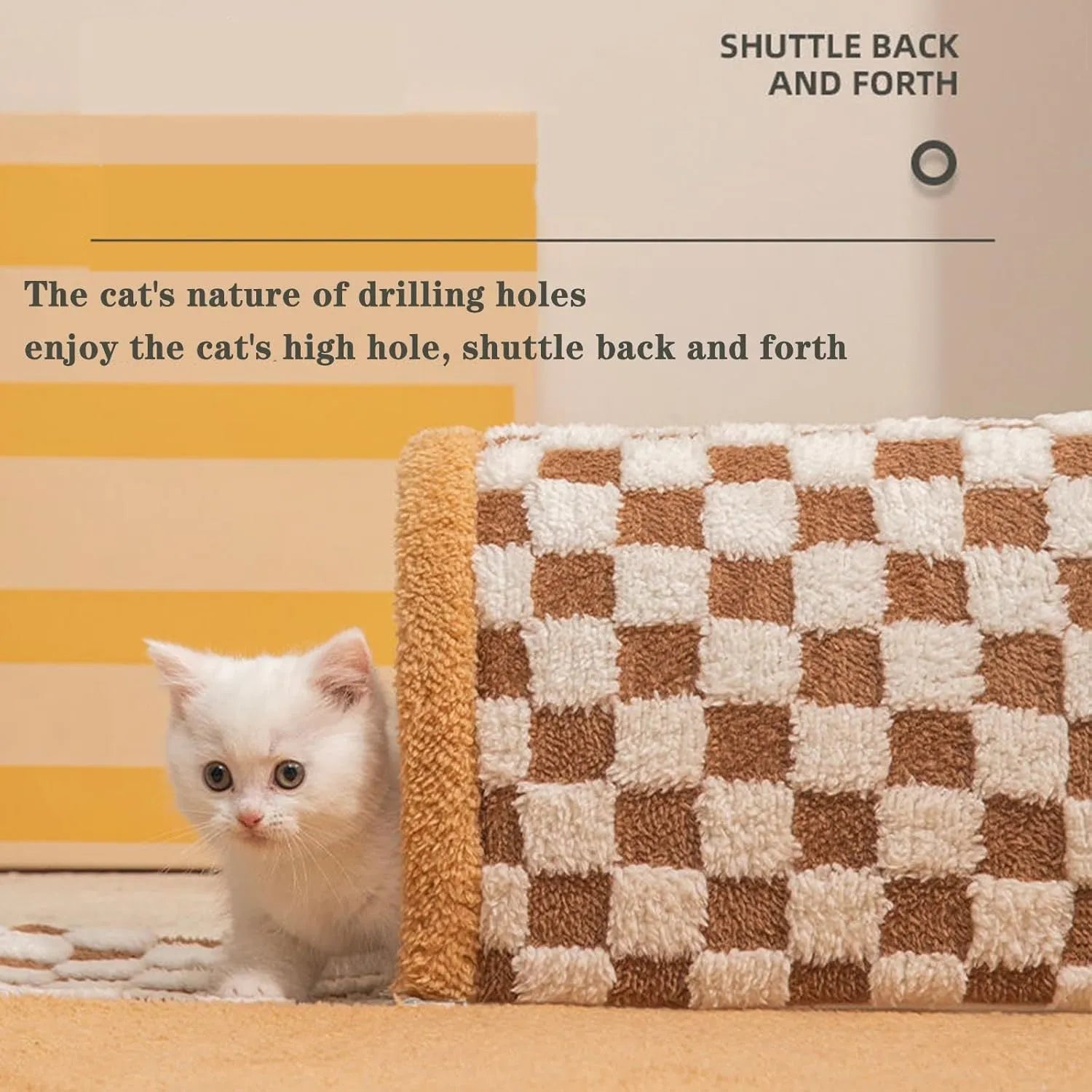 Brown plush plaid cat tunnel bed with central mat on a wooden floor.