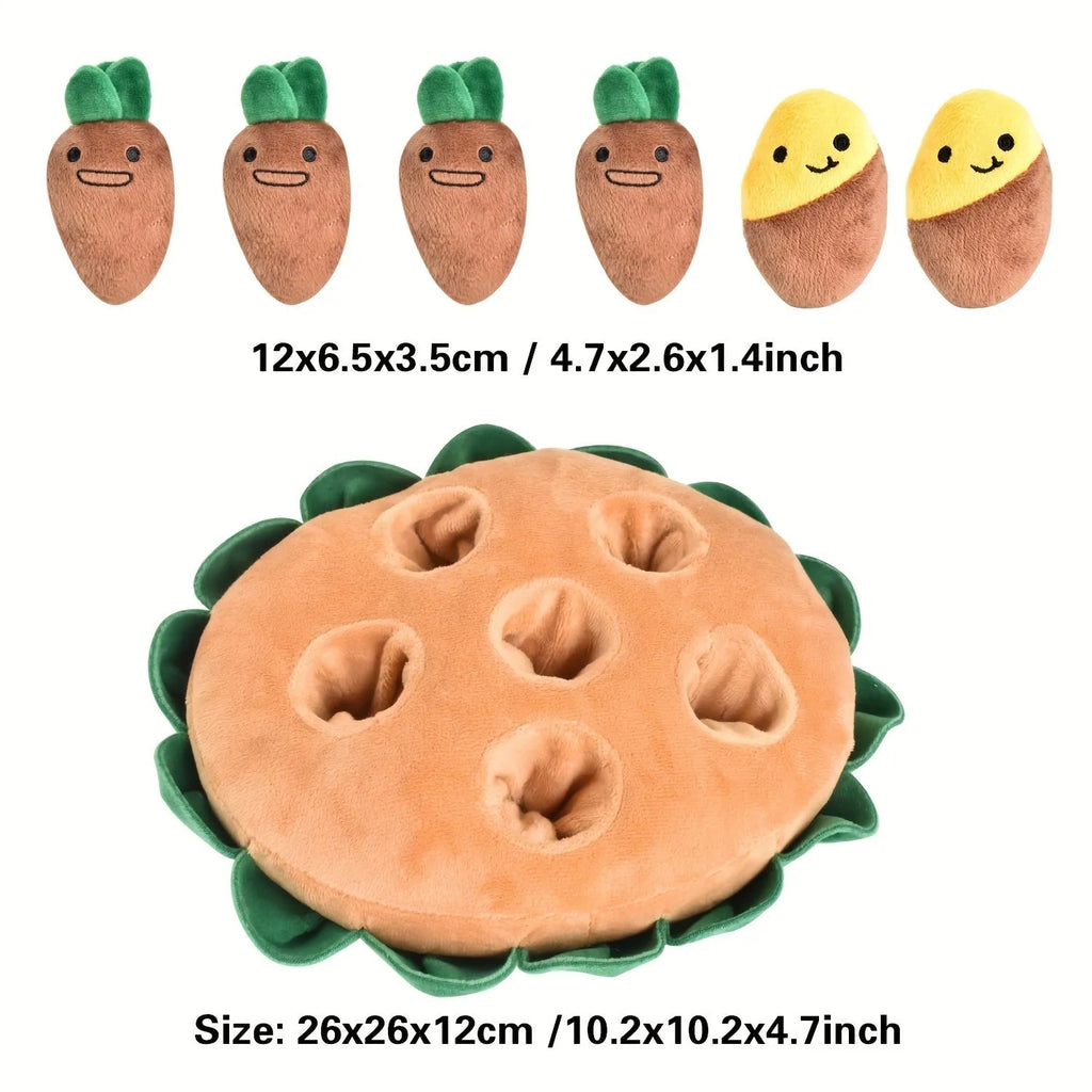 Yellow interactive dog puzzle toy with removable squeaky plush toys on polyester sniffing and feeding pads