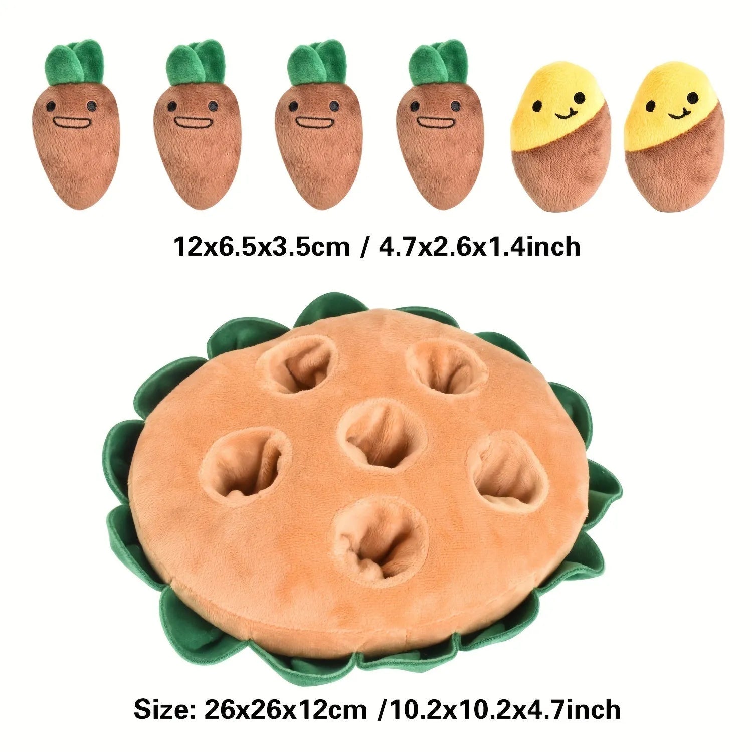 Yellow interactive dog puzzle toy with removable squeaky plush toys on polyester sniffing and feeding pads