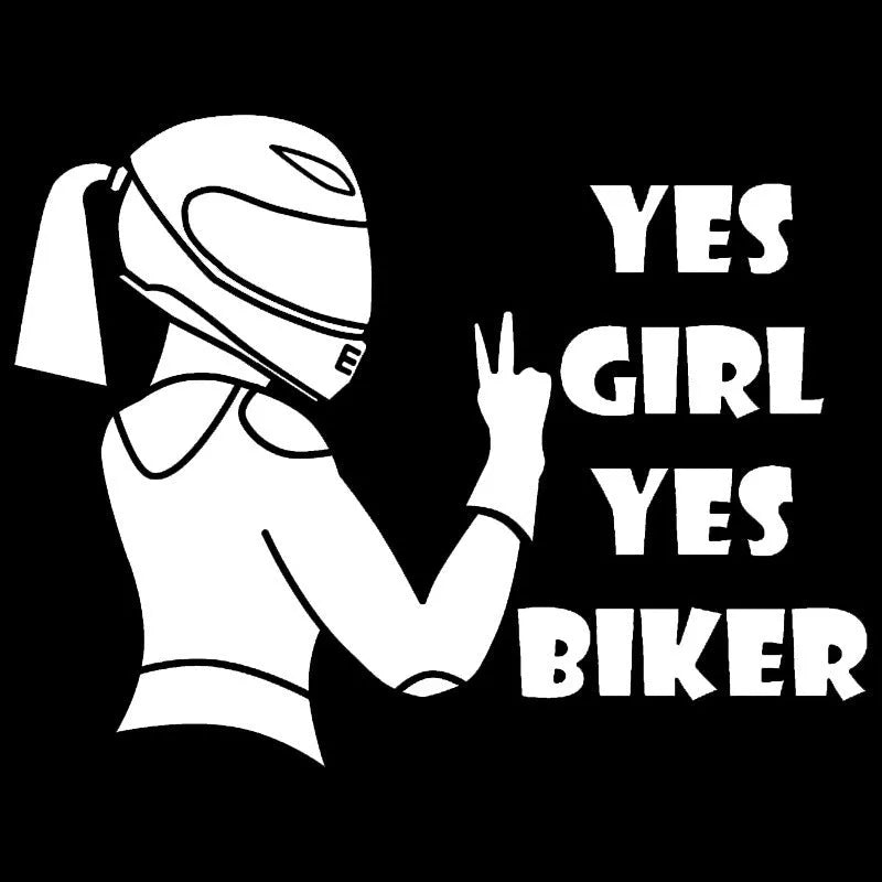 Cool girl rider character waterproof car sticker in black white or laser colour measuring 16cm by 15cm
