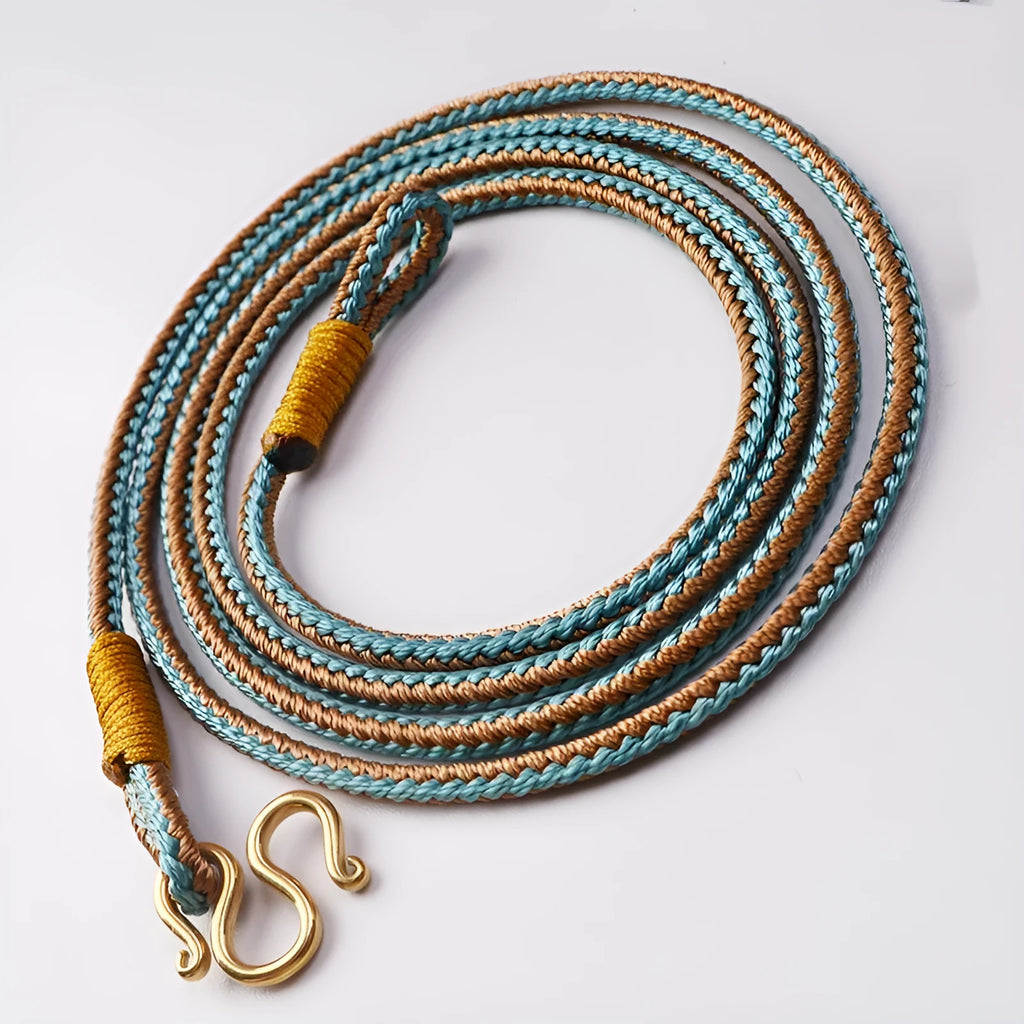Gold and silver Thangka Peace Buckle jewellery with gem inlaid pendant on imitation pearl, showing pull ring.