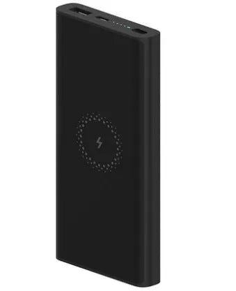 Black and white 10000mAh capacity power bank with USB and Type-C ports for fast and wireless charging