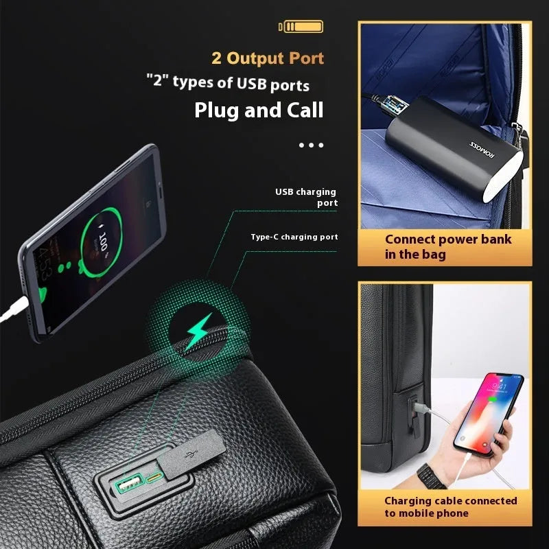 Black genuine cowhide leather business backpack with USB charging port and curved shoulder straps
