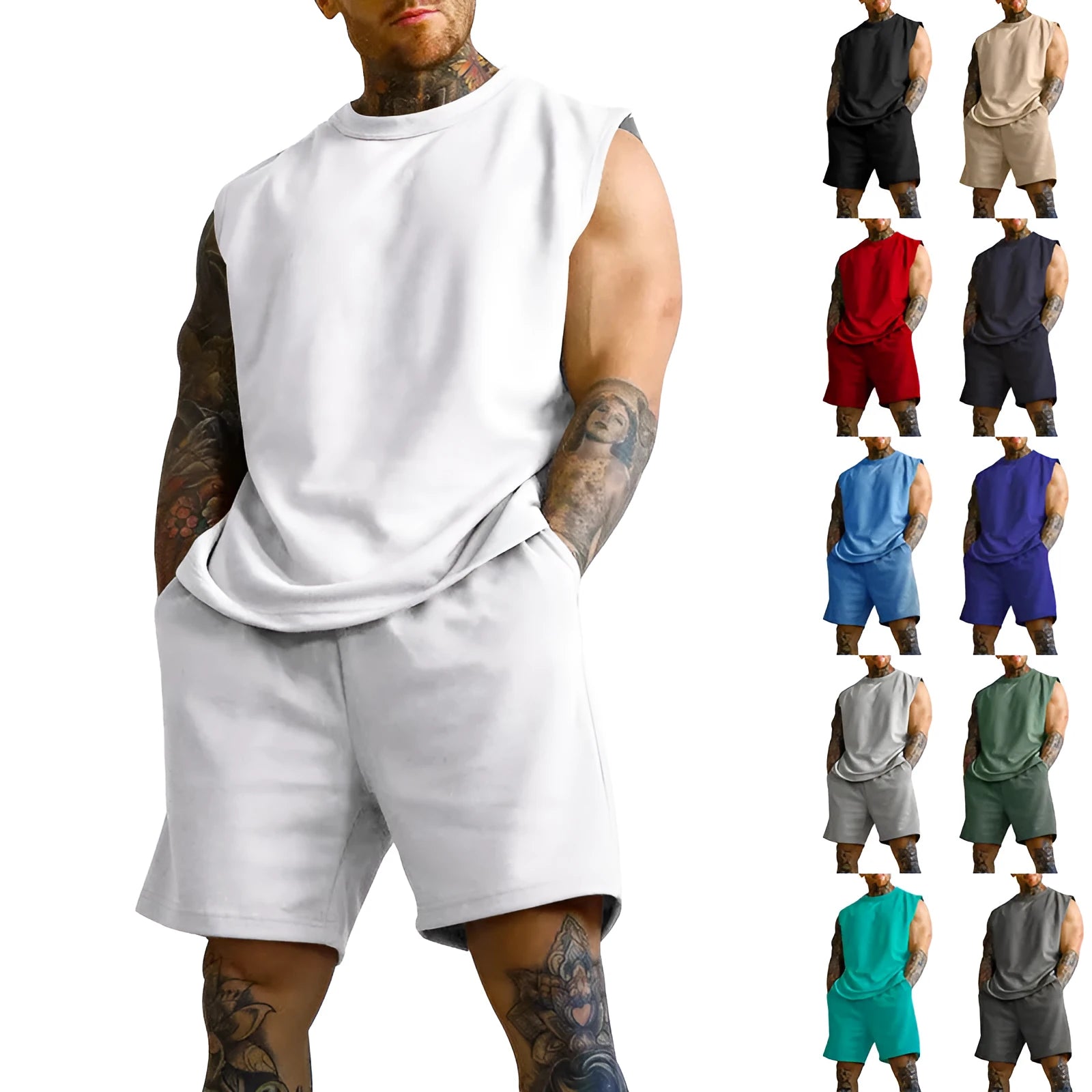 Men's sleeveless sports suit two-piece set in cotton blend fabric showing top and matching shorts