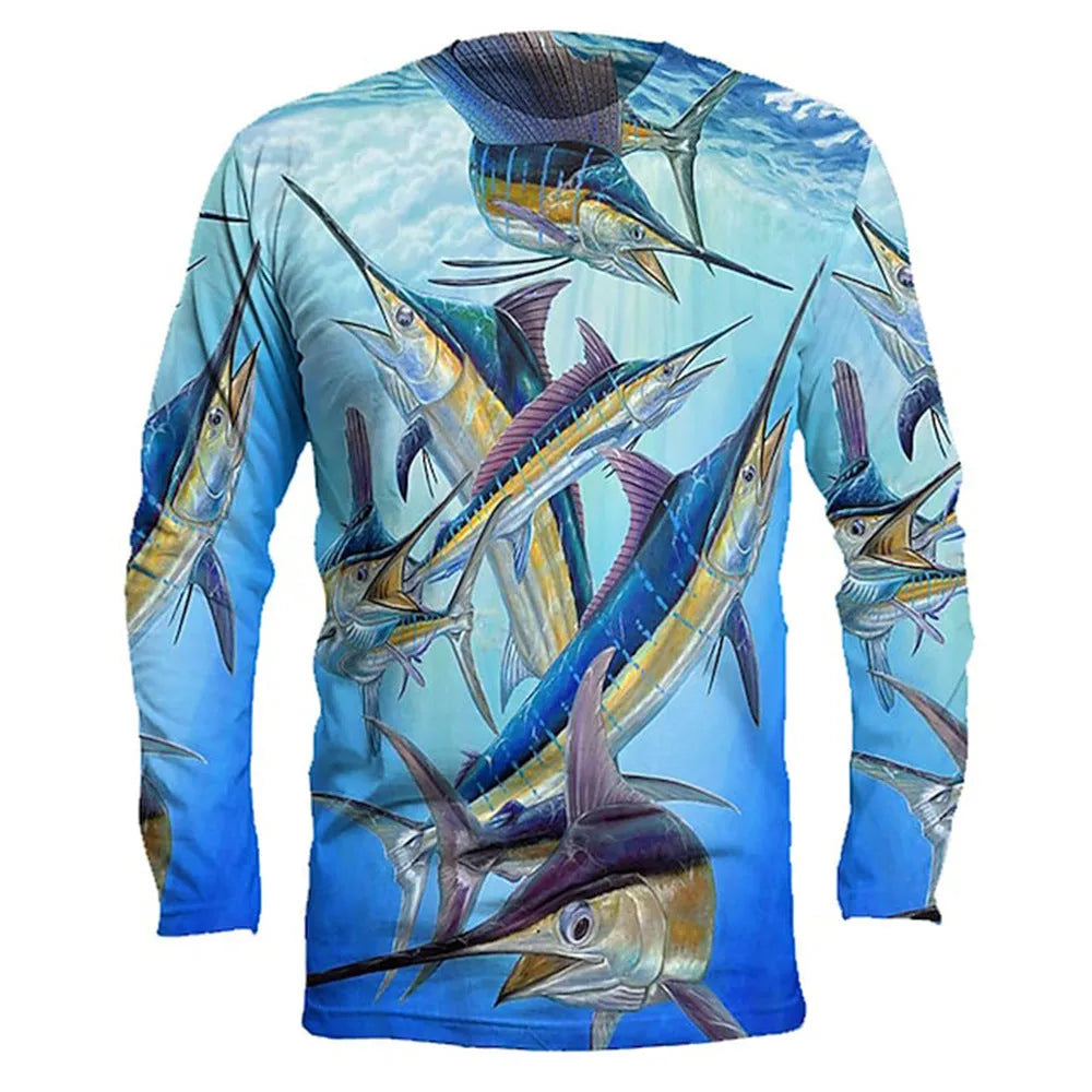 Men's grey round neck long sleeve pullover with a large colourful fish graphic print on the front.