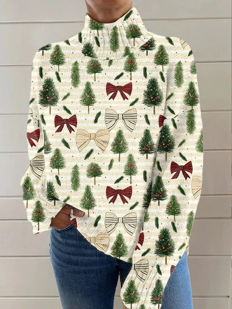 Women's loose fit Christmas print turtleneck sweater in a soft macaron colour.