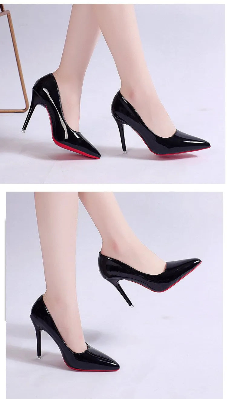 Women's pointed toe stiletto heel pumps in solid colours with shallow mouth opening