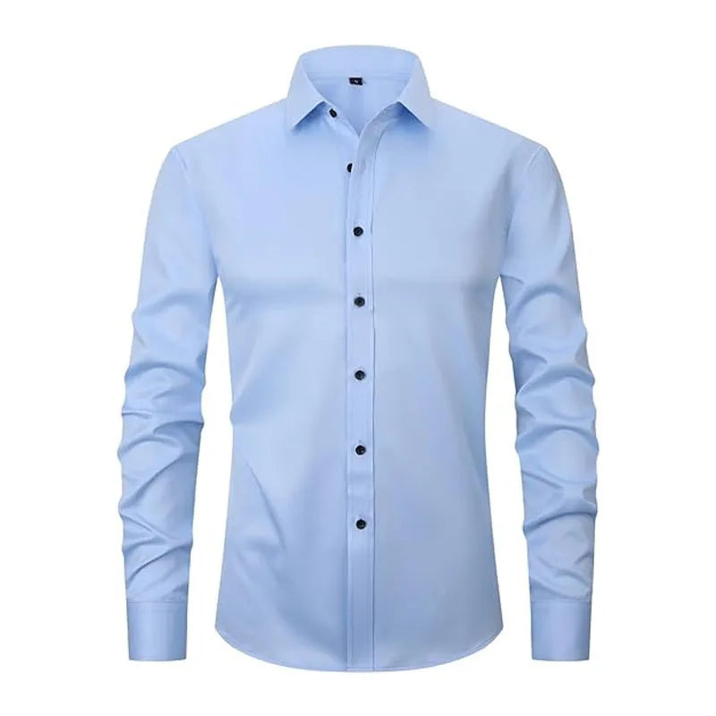 Men's long sleeve stretch work shirt in polyester fabric on a hanger.
