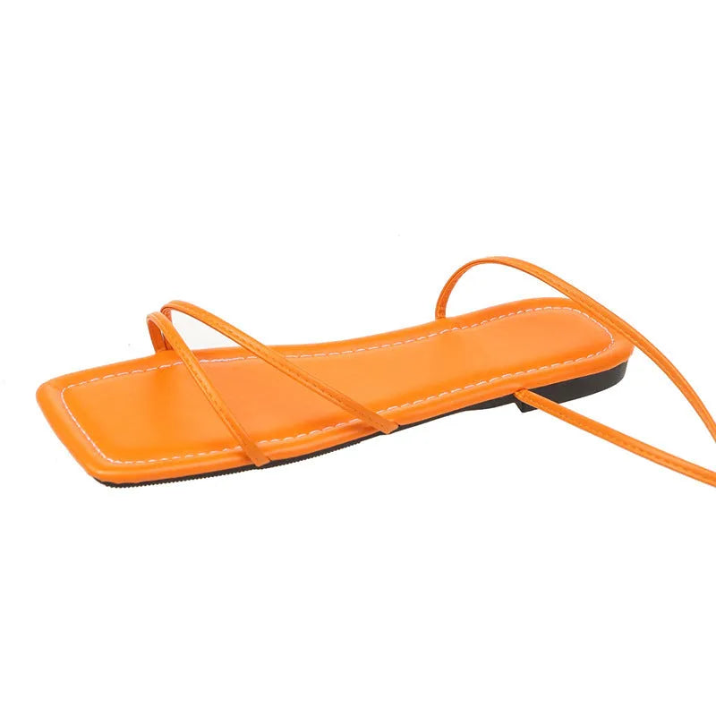 Women's ankle ring bandage cloth flat sandals with square toe in white, black, or orange red.