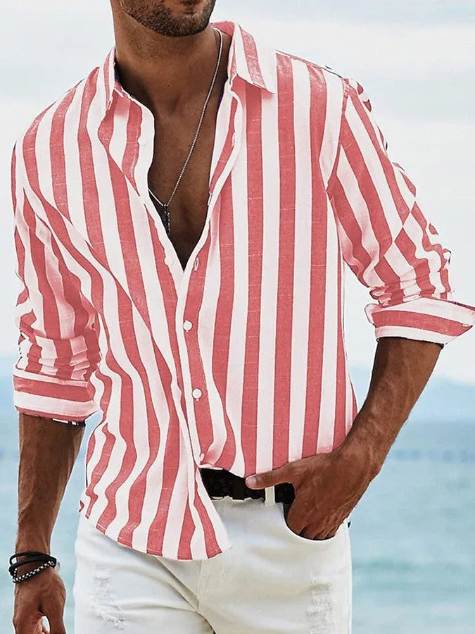 Men's loose striped long-sleeved cardigan shirt in British style on a hanger