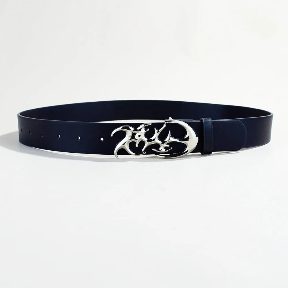 Silver buckle on a 105cm long, 3.3cm wide PU leather casual belt.