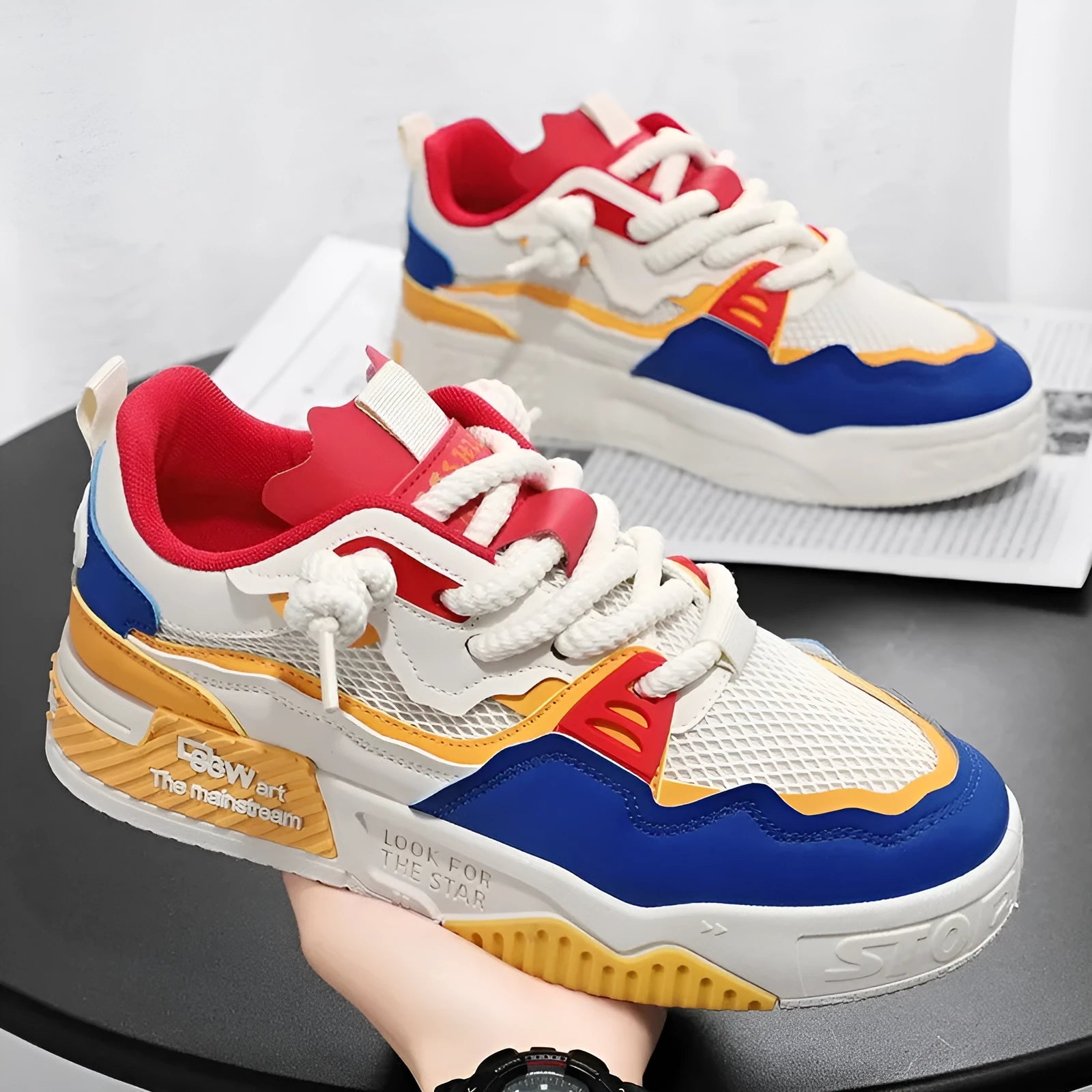 Men's soft bottom board shoes in three colour options: beige, white and black, white and yellow