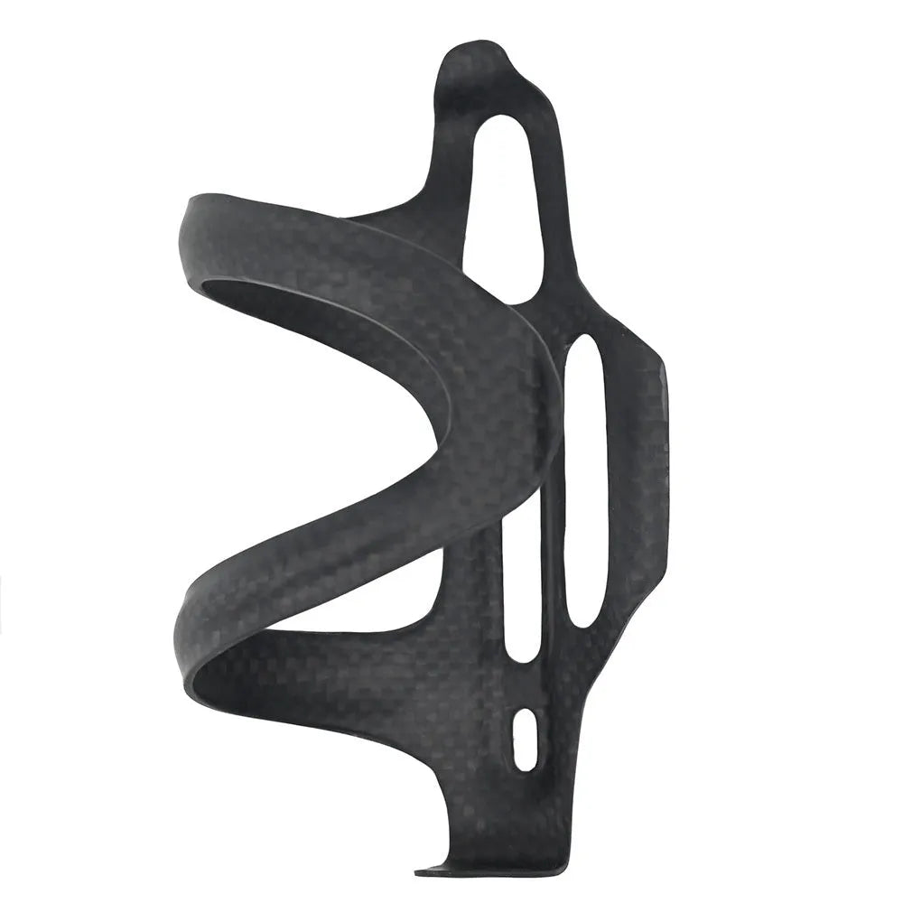 Black carbon fibre side pull bicycle water bottle cage showing mounting holes and bottle retention shape