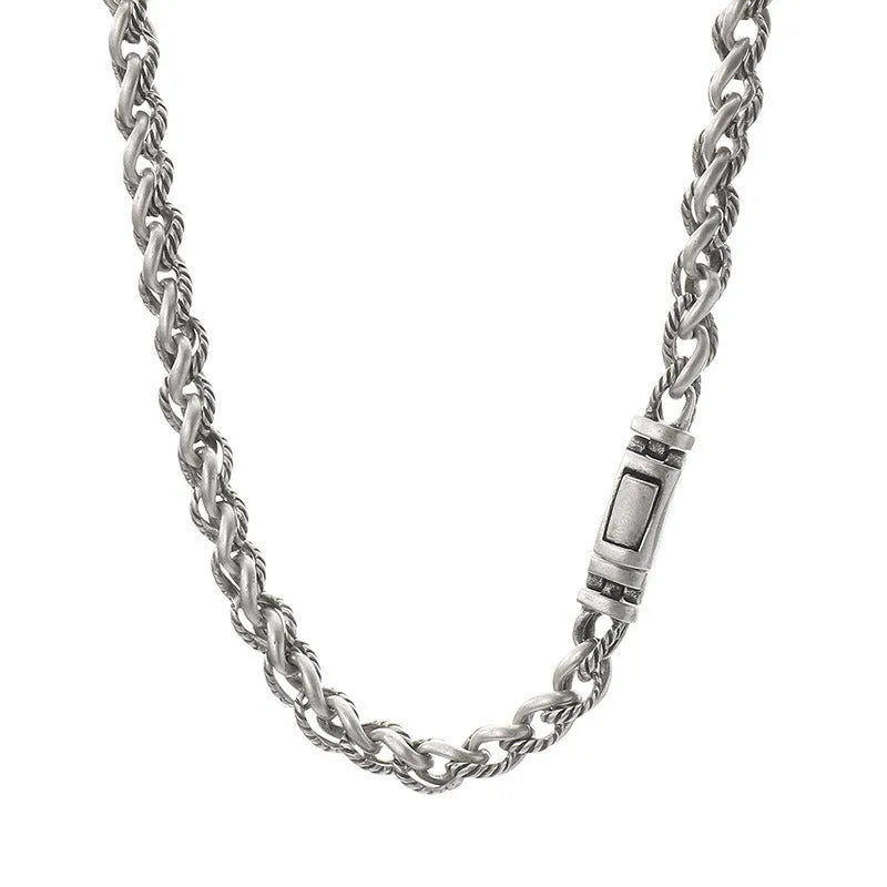 Men's geometric titanium steel necklace with hemp flower chain in antique silver colour