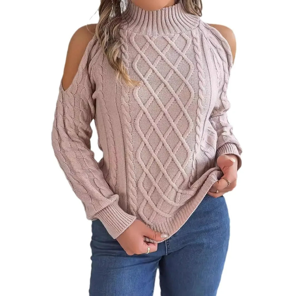 Women's grey acrylic sweater with twisted pattern, strapless half-high collar and lantern sleeves