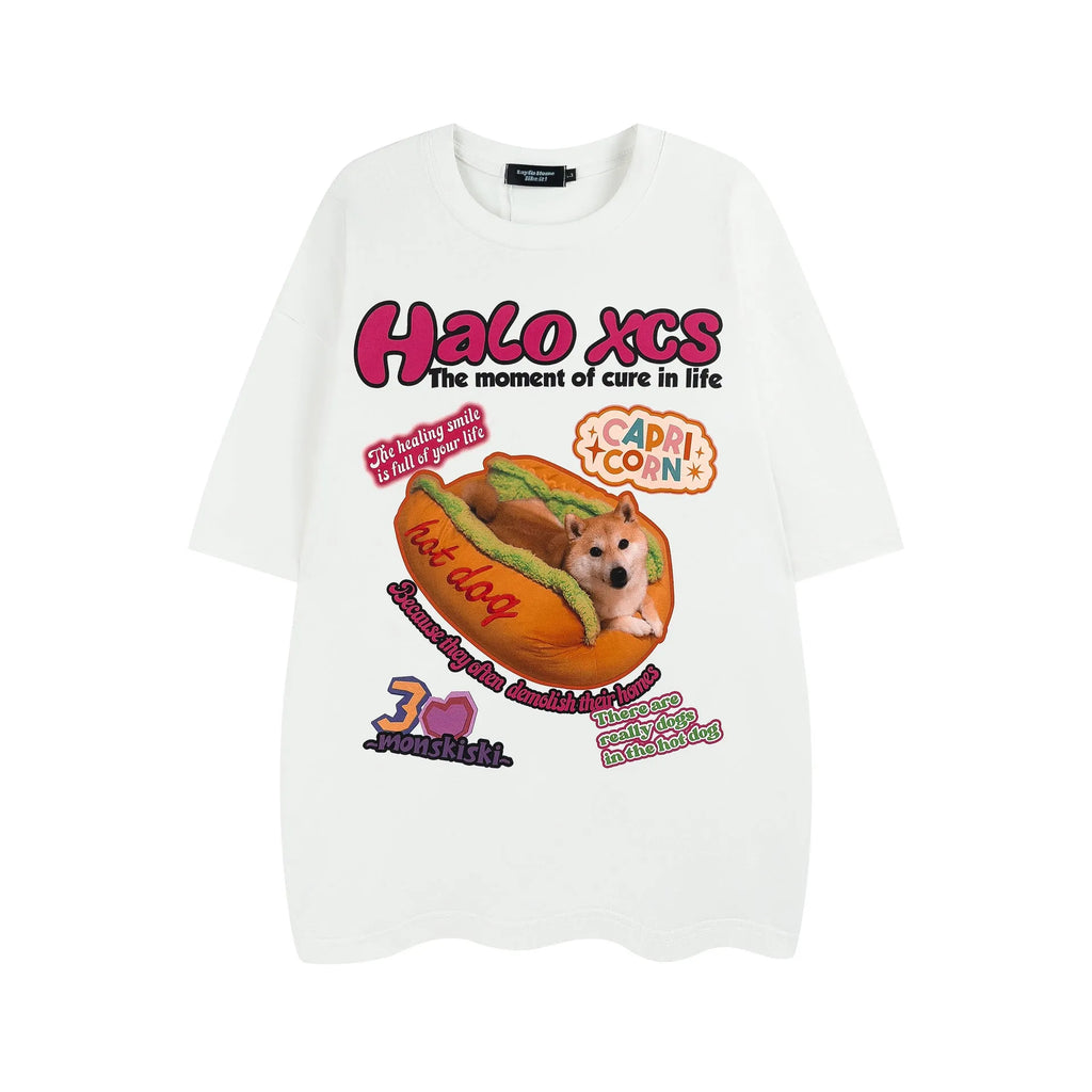 White short-sleeved cotton T-shirt with a cartoon print of a hamburger dog, showing a round neck and loose fit.