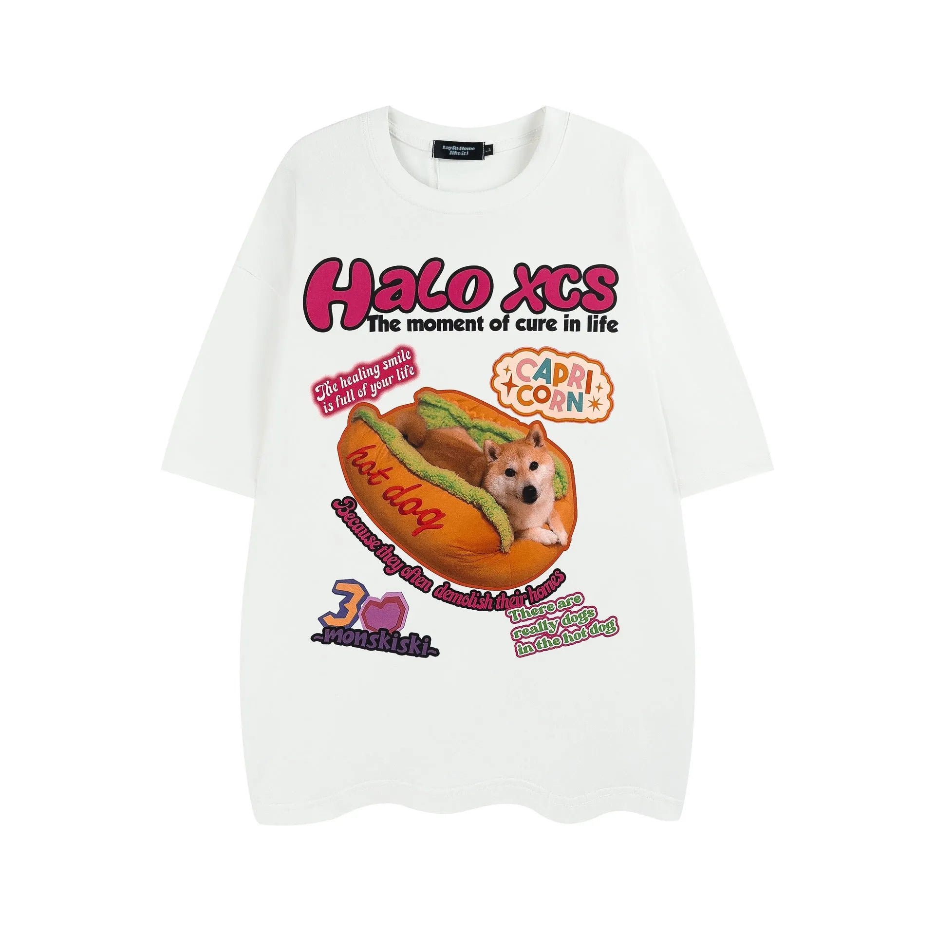 White short-sleeved cotton T-shirt with a cartoon print of a hamburger dog, showing a round neck and loose fit.