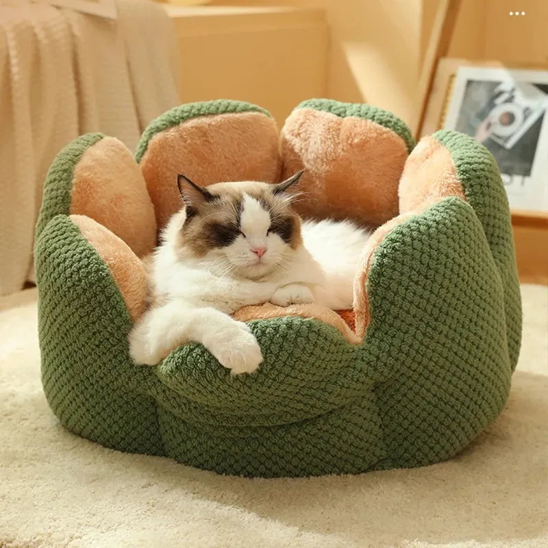 Green cactus petal shaped pet bed with non-slip bottom for cats and small dogs