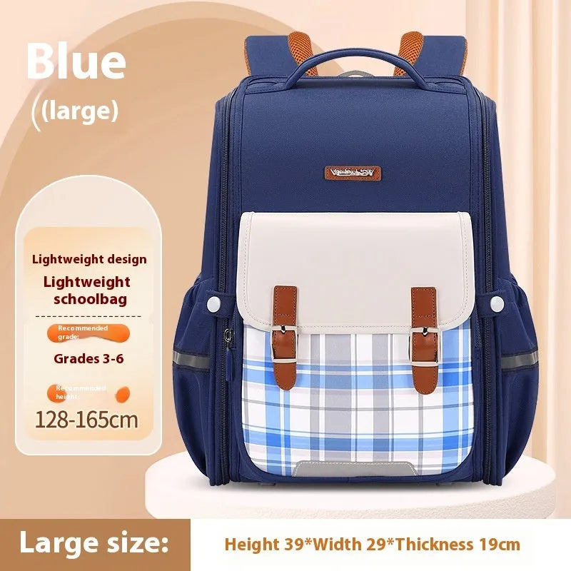 Lightweight Oxford cloth school backpack for students in navy blue, shown in a classroom setting.