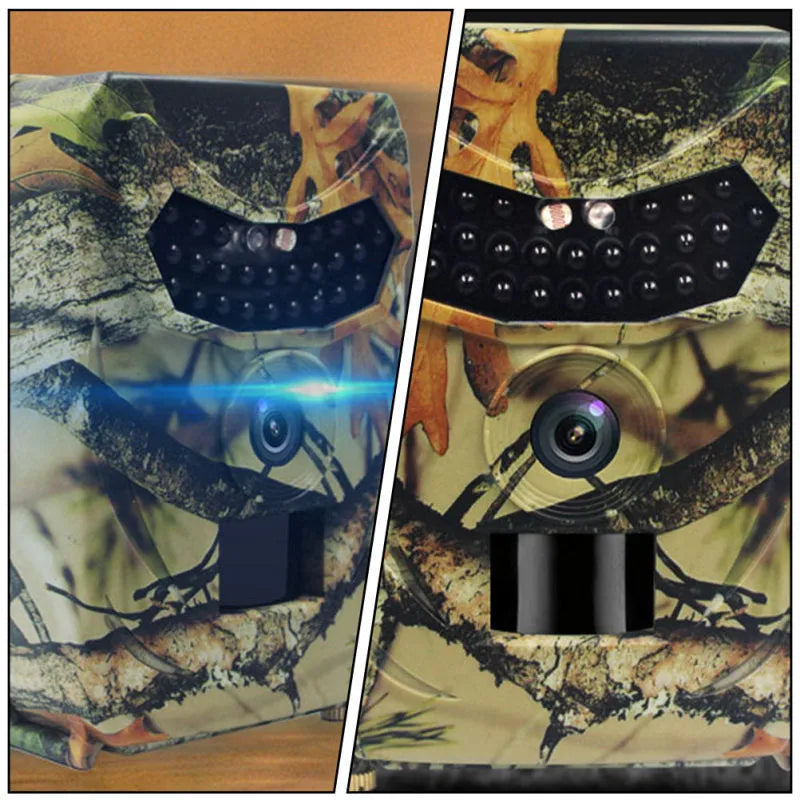 Yellow brown 16MP hunting camera with infrared LEDs and compact plastic housing