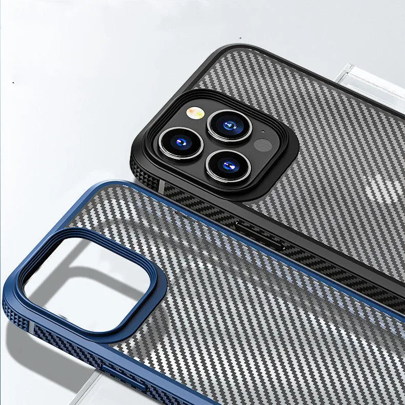 Black anti-fall protective phone case with carbon fibre pattern for Apple iPhone 13.