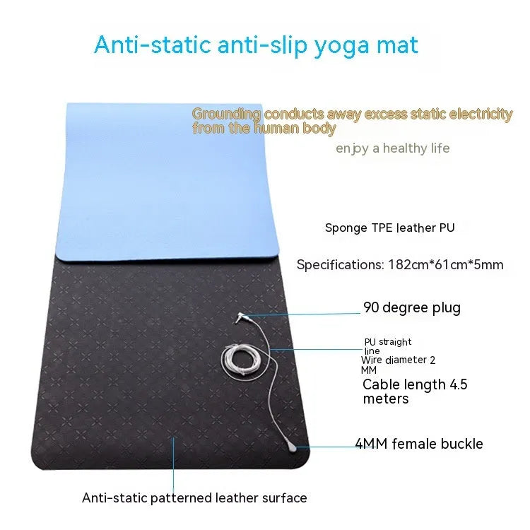 Blue conductive yoga grounding mat with plants and flowers pattern, measuring 182cm x 61cm