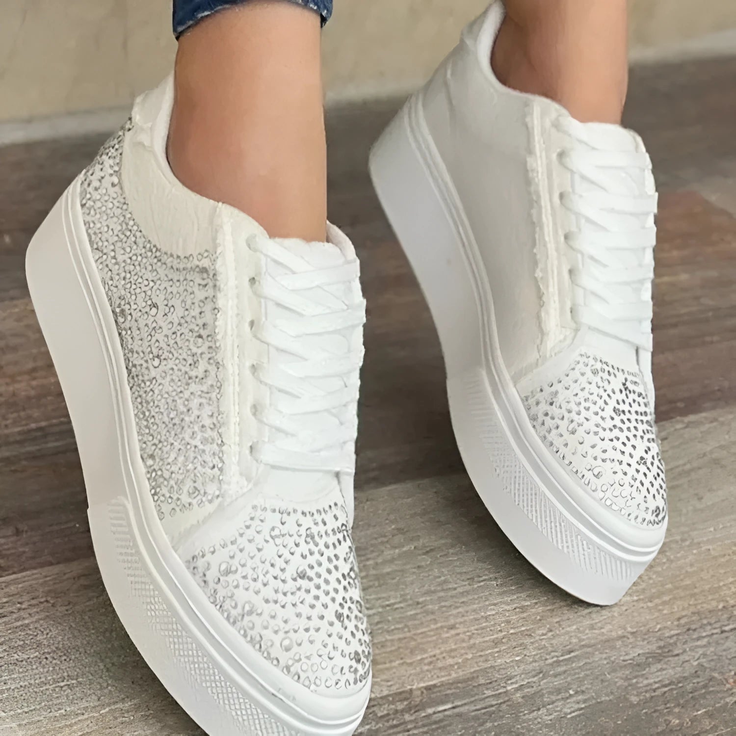 Women's plus size black casual sports shoes with rhinestones, lace-up front, and chunky flat rubber sole