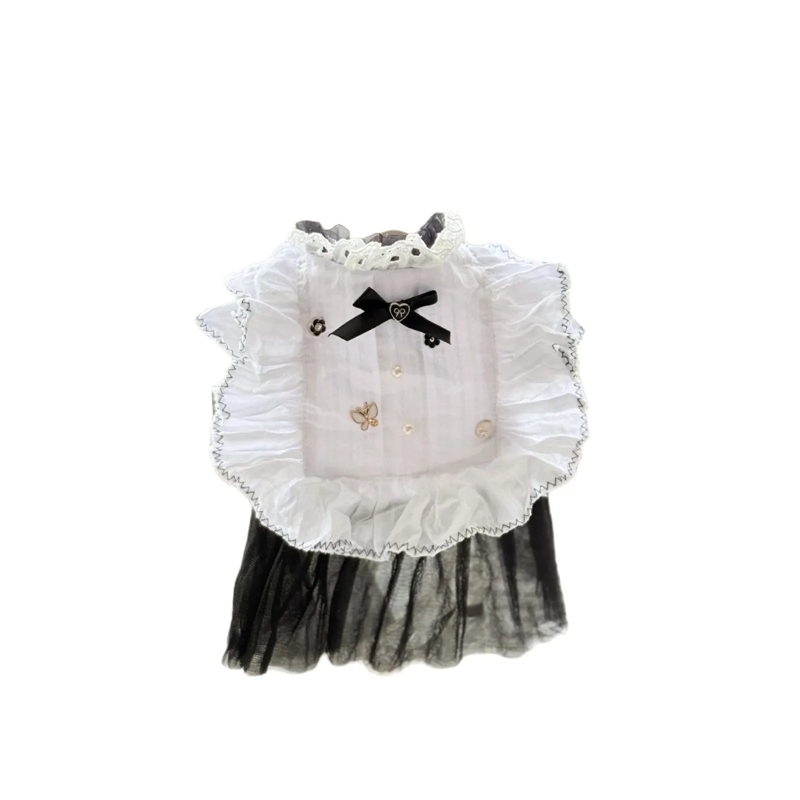 White polyester dog dress with gauze skirt in princess style, shown in size options for small dogs