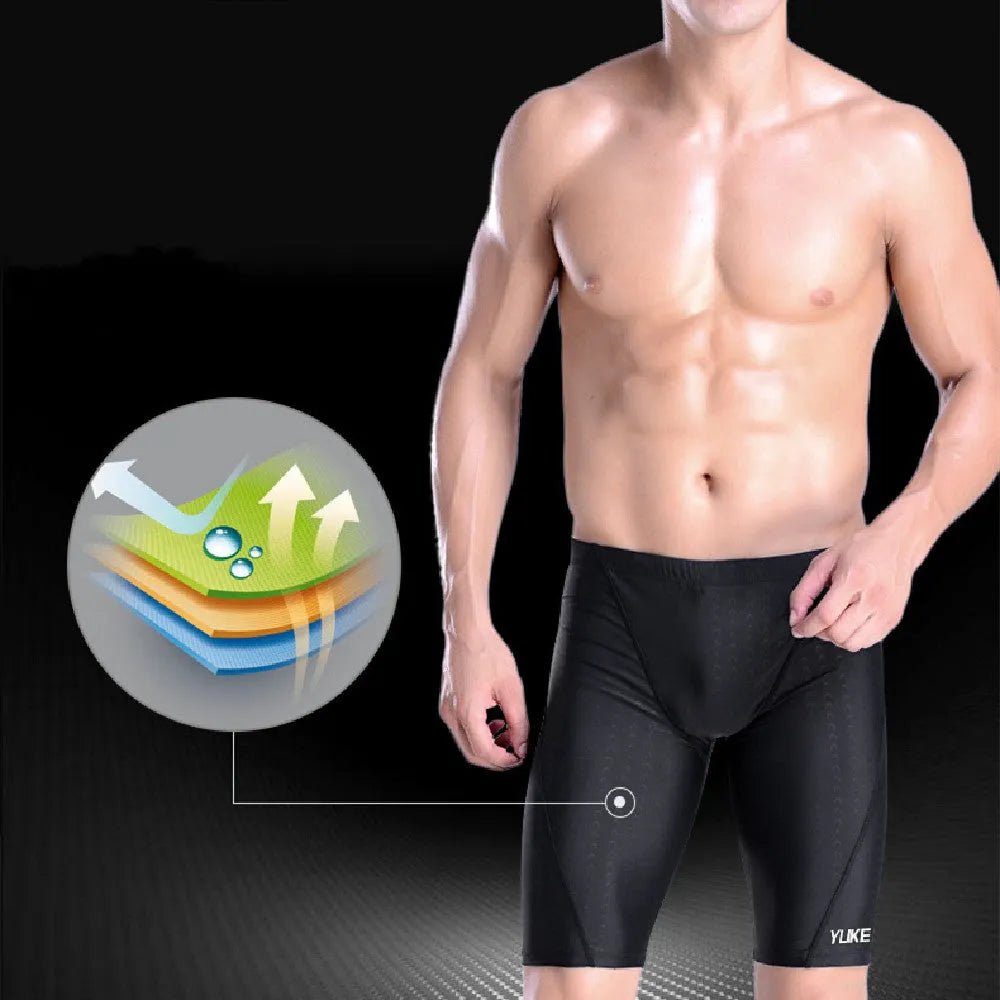 Men's black polyester swimming trunks set with goggles cap and bag
