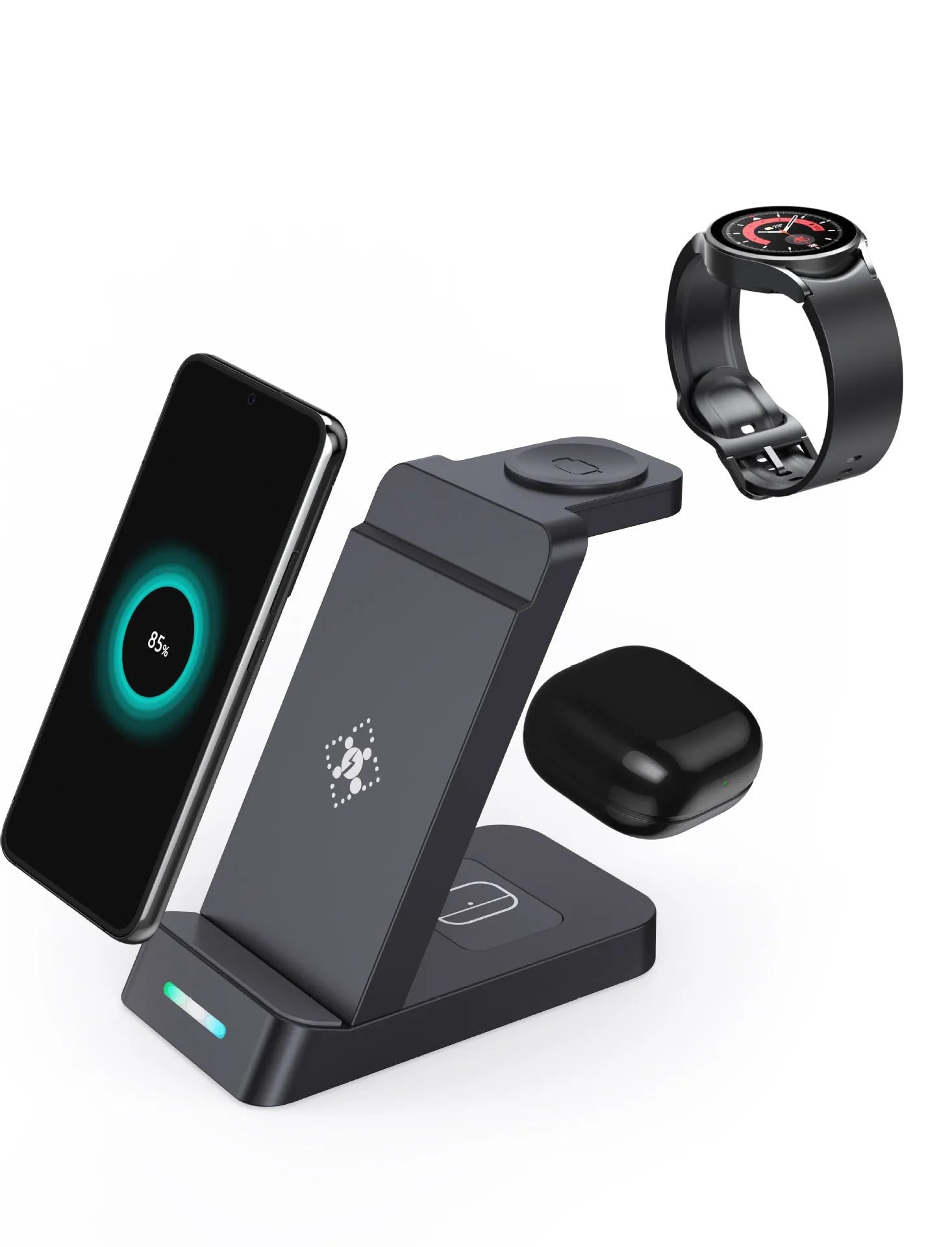 Black 3-in-1 wireless charging station holding a phone, AirPods case and Apple Watch on a desk.
