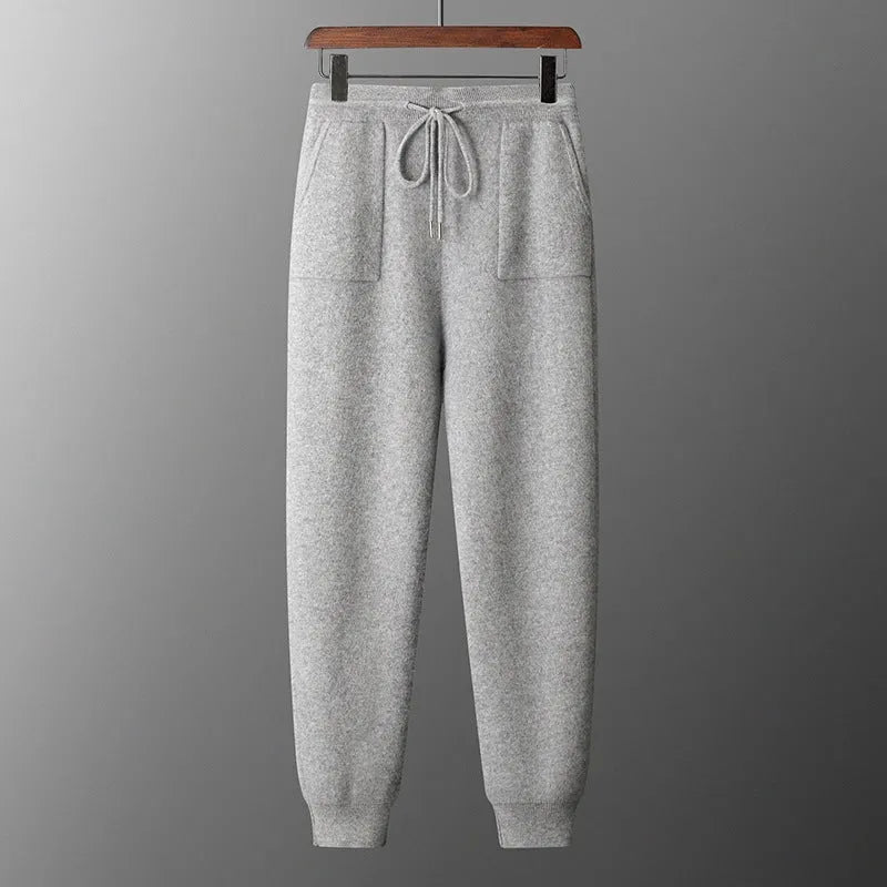 Men's light grey cashmere hoodie and trousers set for winter casual wear