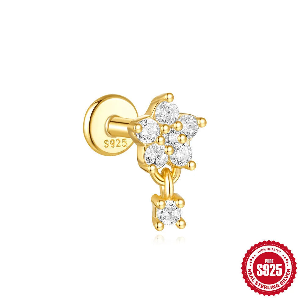 S925 sterling silver geometric earrings with a gold-plated moon and star design.