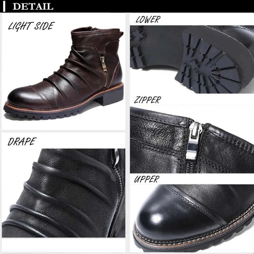 Men's black synthetic leather cowboy boots with a side zipper and a mid-height shaft on a white background.